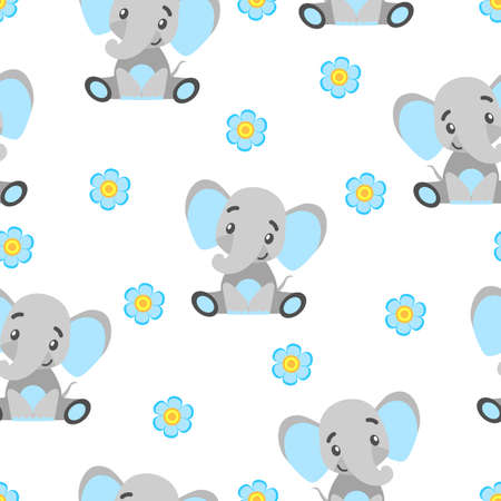 Seamless pattern with baby elephants and flowers. Gray and light blue. White background. Flat cartoon style. Funny and cute. African animal. For postcards, wallpaper, textile and wrapping paperのイラスト素材