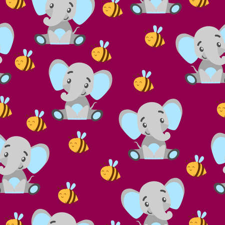Seamless pattern with baby elephants and yellow bees. Gray and light blue. Purple background. Flat cartoon style. Funny and cute. African animal. For postcards, wallpaper, textile and wrapping paperのイラスト素材