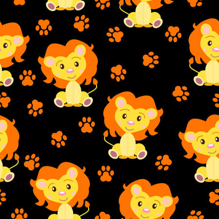 Happy baby lion sitting. Yellow and orange. Black background. Seamless pattern. Flat cartoon style. Funny and cute. Paw print. African animal. For postcards, wallpaper, textile and wrapping paperのイラスト素材