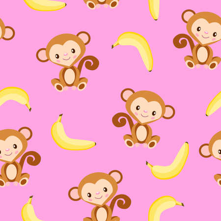 Seamless pattern with monkey and yellow banana. Pink background. Flat cartoon style. Healthy food. Vegan and vegetarian lifestyle. For children. For postcards, wallpaper, textile and wrapping paperのイラスト素材