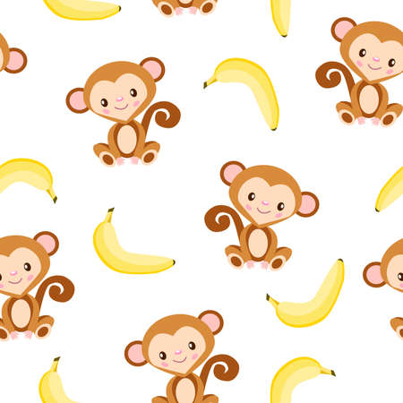 Seamless pattern with monkey and yellow banana. White background. Flat cartoon style. Healthy food. Vegan and vegetarian lifestyle. For children. For postcards, wallpaper, textile and wrapping paperのイラスト素材