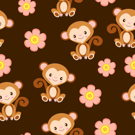 Happy baby monkey sitting. Brown and beige. Brown background. Seamless pattern. Cartoon style. Funny and cute. African animal. Nature and ecology. For postcards, wallpaper, textile and wrapping paperのイラスト素材