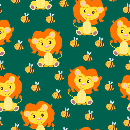 Seamless pattern with baby lion and bees. Yellow and orange. Green background. Cartoon style. Funny and cute. Wild cat. African animal. For kids. For postcards, wallpaper, textile and wrapping paperのイラスト素材