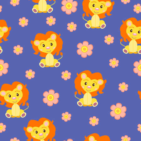 Seamless pattern with baby lions and pink flowers. Yellow and orange. Blue background. Cartoon style. Funny and cute. African animal. For kids. For postcards, wallpaper, textile and wrapping paperのイラスト素材