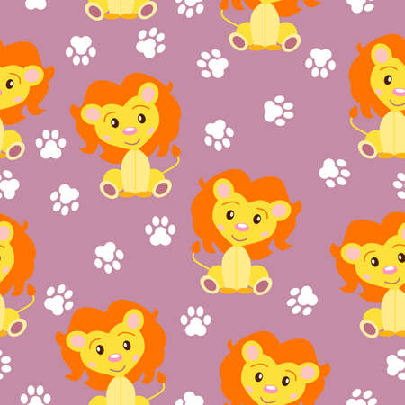 Happy baby lion sitting. Yellow and orange. Peony pink background. Seamless pattern. Flat cartoon style. Funny and cute. Paw print. African animal. For postcards, wallpaper, textile and wrapping paperのイラスト素材