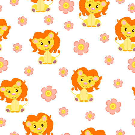 Seamless pattern with baby lions and pink flowers. Yellow and orange. White background. Cartoon style. Funny and cute. African animal. For kids. For postcards, wallpaper, textile and wrapping paperのイラスト素材
