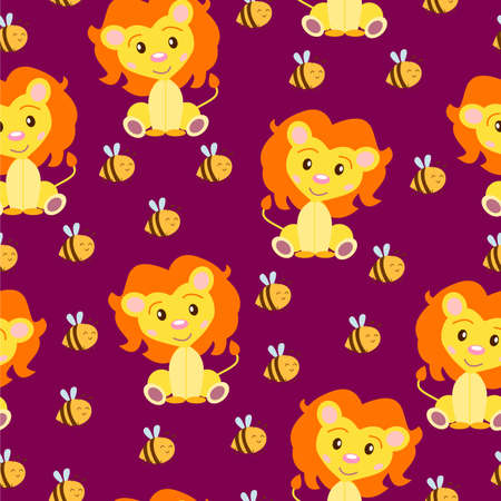 Seamless pattern with baby lion and bees. Yellow and orange. Purple background. Cartoon style. Funny and cute. Wild cat. African animal. For kids. For postcards, wallpaper, textile and wrapping paperのイラスト素材
