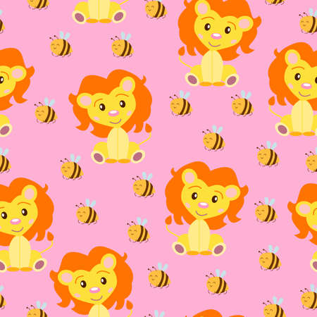 Seamless pattern with baby lion and bees. Yellow and orange. Pink background. Cartoon style. Funny and cute. Wild cat. African animal. For kids. For postcards, wallpaper, textile and wrapping paperのイラスト素材