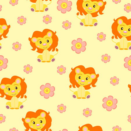Seamless pattern with baby lions and pink flower. Yellow and orange. Yellow background. Cartoon style. Funny and cute. African animal. For kids. For postcards, wallpaper, textile and wrapping paperのイラスト素材