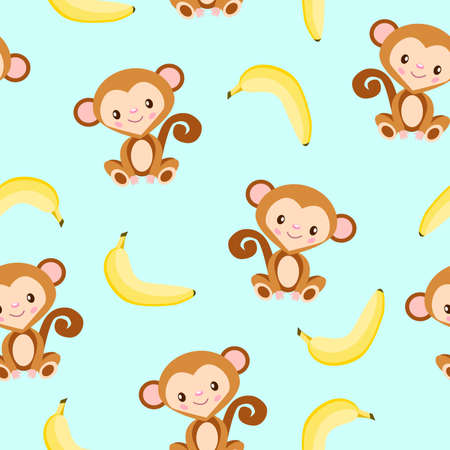 Seamless pattern with monkey and yellow banana. Blue background. Flat cartoon style. Healthy food. Vegan and vegetarian lifestyle. For children. For postcards, wallpaper, textile and wrapping paperのイラスト素材