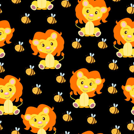 Seamless pattern with baby lion and bees. Yellow and orange. Black background. Cartoon style. Funny and cute. Wild cat. African animal. For kids. For postcards, wallpaper, textile and wrapping paperのイラスト素材