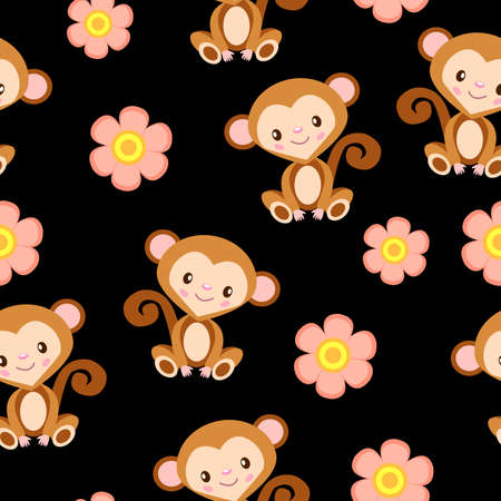 Happy baby monkey sitting. Brown and beige. Black background. Seamless pattern. Cartoon style. Funny and cute. African animal. Nature and ecology. For postcards, wallpaper, textile and wrapping paperのイラスト素材