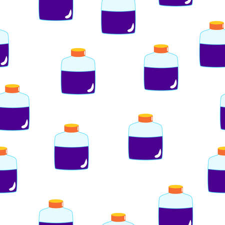 Seamless pattern with violet magic potion bottles on white background. Cartoon style. Fairy tale drink. Pharmacy and chemistry. Cosmetics and skin care. Medicine and health care. For packaging designのイラスト素材