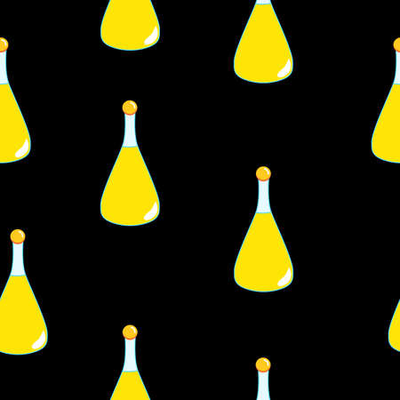 Seamless pattern with yellow magic potion bottles on black background. Cartoon style. Fairy tale drink. Pharmacy and chemistry. Cosmetics and skin care. Medicine and health care. For packaging designのイラスト素材