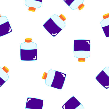 Seamless pattern with violet magic potion bottles on white background. Cartoon style. Fairy tale drink. Pharmacy and chemistry. Cosmetics and skin care. Medicine and health care. For packaging designのイラスト素材