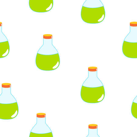 Seamless pattern with green magic potion bottles on white background. Cartoon style. Fairy tale drink. Pharmacy and chemistry. Cosmetics and skin care. Medicine and health care. For packaging designのイラスト素材