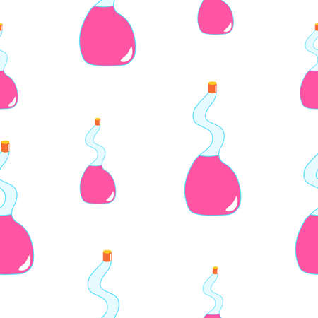 Seamless pattern with fuchsia magic potion bottles on white background. Cartoon style. Fairy tale drink. Pharmacy and chemistry. Cosmetics and skin care. Medicine and health care. For packaging designのイラスト素材
