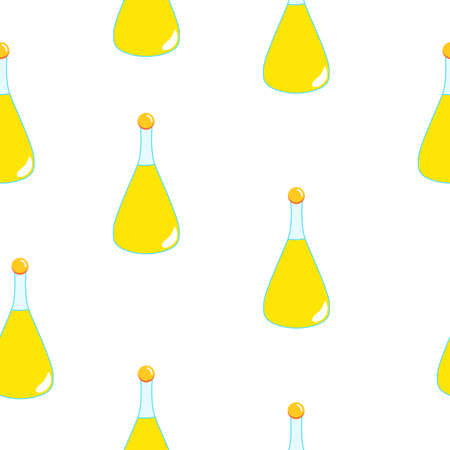 Seamless pattern with yellow magic potion bottles on white background. Cartoon style. Fairy tale drink. Pharmacy and chemistry. Cosmetics and skin care. Medicine and health care. For packaging designのイラスト素材