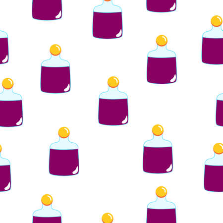 Seamless pattern with purple magic potion bottles on white background. Cartoon style. Fairy tale drink. Pharmacy and chemistry. Cosmetics and skin care. Medicine and health care. For packaging designのイラスト素材