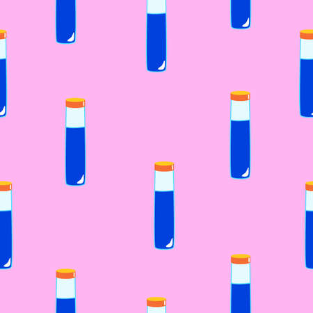 Seamless pattern with blue magic potion bottles on pink background. Cartoon style. Fairy tale drink. Pharmacy and chemistry. Cosmetics and skin care. Medicine and health care. For packaging designのイラスト素材