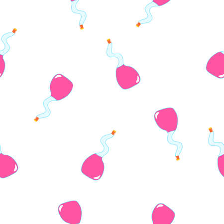 Seamless pattern with fuchsia magic potion bottles on white background. Cartoon style. Fairy tale drink. Pharmacy and chemistry. Cosmetics and skin care. Medicine and health care. For packaging designのイラスト素材