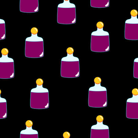Seamless pattern with purple magic potion bottles on black background. Cartoon style. Fairy tale drink. Pharmacy and chemistry. Cosmetics and skin care. Medicine and health care. For packaging designのイラスト素材