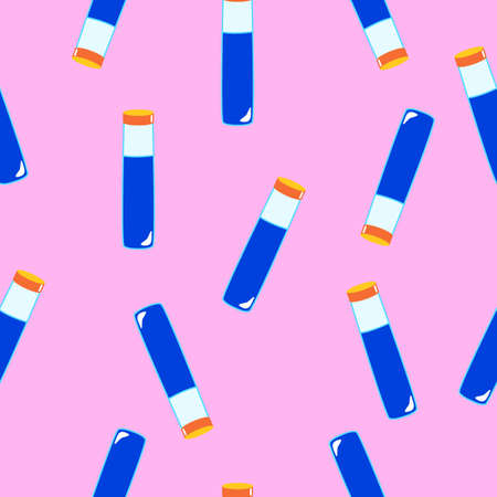 Seamless pattern with blue magic potion bottles on pink background. Cartoon style. Fairy tale drink. Pharmacy and chemistry. Cosmetics and skin care. Medicine and health care. For packaging designのイラスト素材