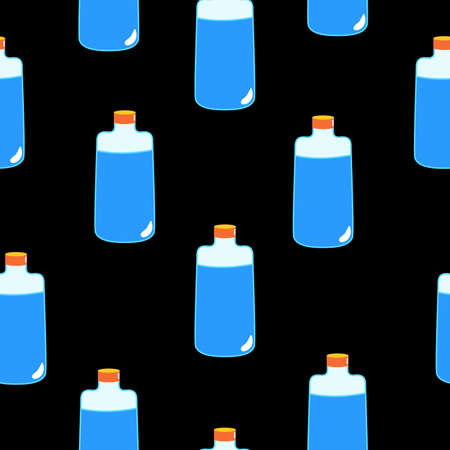 Seamless pattern with blue magic potion bottles on black background. Cartoon style. Fairy tale drink. Pharmacy and chemistry. Cosmetics and skin care. Medicine and health care. For packaging designのイラスト素材