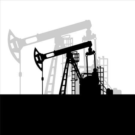 Black oil pumpjack silhouette on white background. Petroleum industry. Vector template for web, infographics or interface design. Oil and gas market. Energy business and environmental problemsのイラスト素材