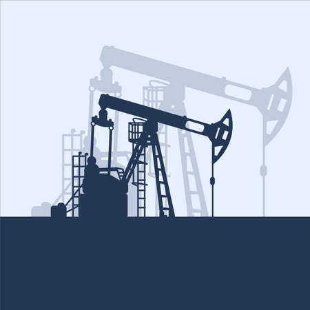Blue oil pumpjack silhouette on white background. Petroleum industry. Vector template for web, infographics or interface design. Oil and gas market. Energy business and environmental problemsのイラスト素材