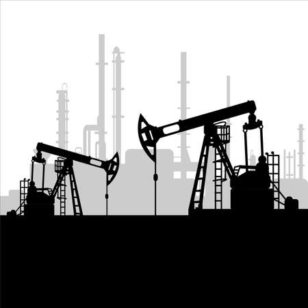 Black oil pump jack silhouette and factory view. Petroleum industry. Vector template for web, infographics or interface design. Oil and gas market. Energy business and environmental problemsのイラスト素材