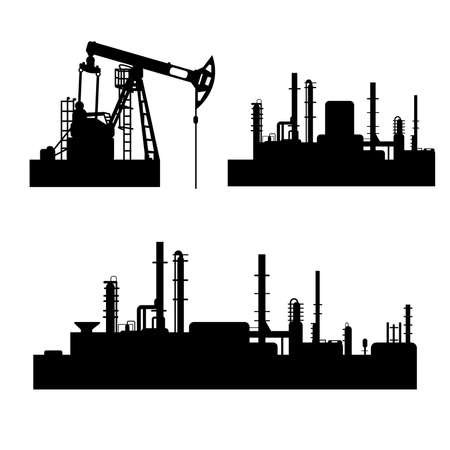 Collection of black and white oil and gas industry silhouettes. Vector isolated symbols of petroleum refinery, offshore sea or land oil drilling rig, naphtha pumpjack. Factory and environmentのイラスト素材