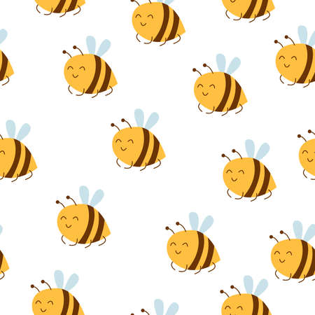 Seamless pattern with bees. Simple flat cartoon style. Cute and funny. Easter holiday decoration. Spring and summer. For children. For kids. For scrapbooking, wallpaper, textile and wrapping paperのイラスト素材