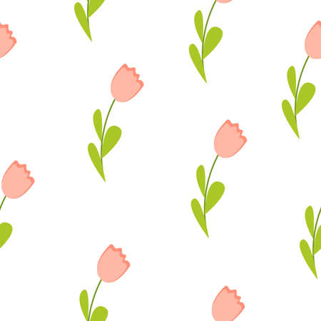 Seamless pattern with pink flowers. Floral ornament. Pink tulips and green leaves. Simple flat cartoon style. Easter holiday decoration. For textile, wallpaper, scrapbooking and wrapping paperのイラスト素材
