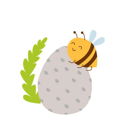 Yellow bee on gray Easter egg. Green leaf. Simple flat cartoon style. Cute and funny. Graphic elements. Nature and ecology. Holiday decoration. For children. For postcards, scrapbooking and printsのイラスト素材