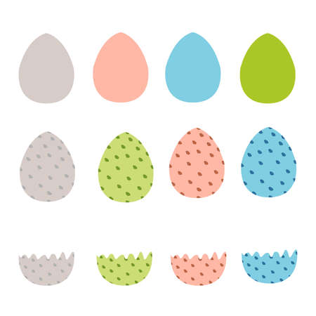 Collection with easter eggs. Simple flat cartoon style. Cute and funny. Gray, pink, light blue and green. Spring holiday. With dots. For postcards, scrapbooking, textile, wallpaper and printsのイラスト素材