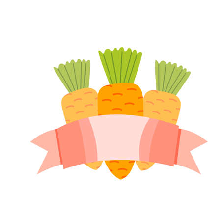 A bundle of three orange carrots with green leaves. Pink ribbon. Template for postcard. Easter rabbit food. Simple flat cartoon style. Cute and funny. Vegetable. Vegetarian diet. Farm and gardeningのイラスト素材