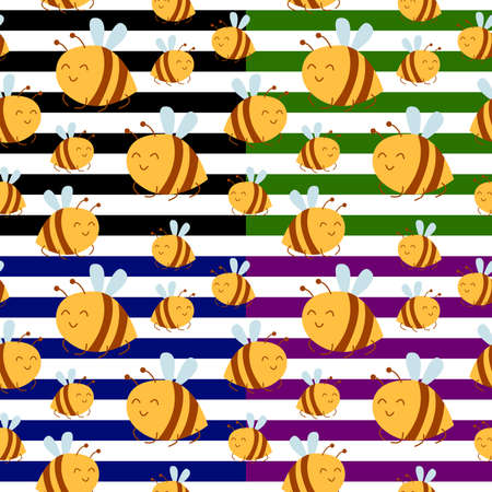 Seamless pattern with yellow bees and striped background. Spring and summer floral ornament. Flat design. Dress and swimwear. For postcards, scrapbooking, wallpaper, textile and wrapping paperのイラスト素材