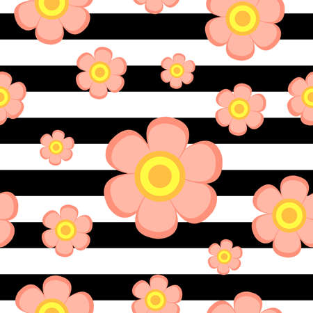 Seamless pattern with pink flowers and black and white stripes. Spring and summer floral ornament. Flat design. Dress and swimwear. For postcards, scrapbooking, wallpaper, textile and wrapping paperのイラスト素材