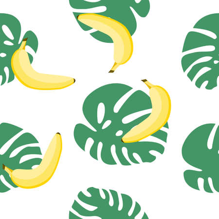 Seamless pattern with yellow bananas and green monstera leaves. Flat cartoon. White background. Healthy food. Vegan, vegetarian lifestyle. Tropical. For postcards, wallpaper, textile, wrapping paperのイラスト素材