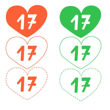 St Patrick's Day. Collection with number seventeen 17 logo icons. Simple outline and flat graphic symbols. Green, white and orange. Irish colors. Heart shape. For calendar, post cards and posters.のイラスト素材