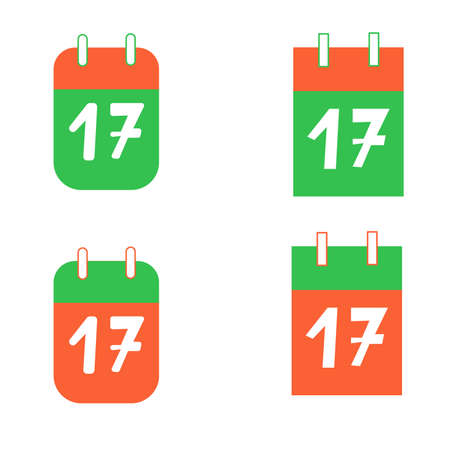 St Patrick's Day. Collection with number seventeen 17 logo icons. Simple outline and flat graphic symbols. Green, white and orange. Irish colors. Calendars set. For calendar, post cards and posters.のイラスト素材