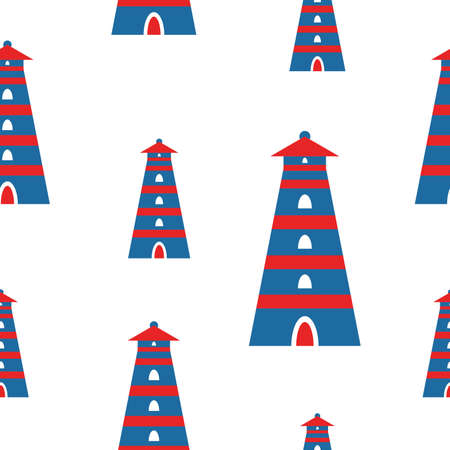 Seamless pattern with lighthouse. Navigation building. Classic blue and red graphic elements. Sea and ocean. Simple flat. Cartoon style. For postcards, textile and wrappingのイラスト素材