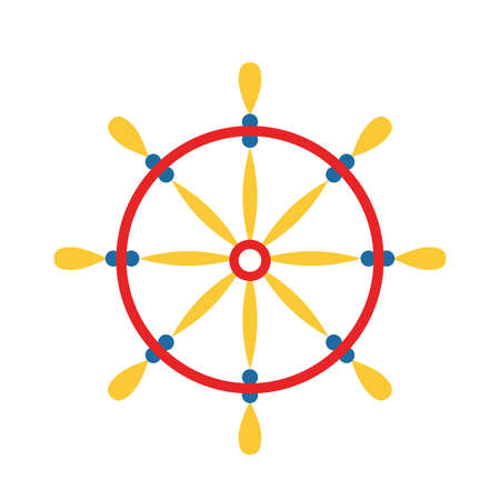 Steering wheel isolated on white background. Classic blue, red and yellow. Simple flat icon. Cartoon style. Sea and ocean. Maritime equipment. Marine navigation. For postcards and kids designのイラスト素材