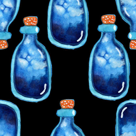 white and classic blue magic potion bottles seamless pattern. Black background. Hand drawn. watercolor alchemy. Occultism and witchcraft drinks. Testing aura. Halloween decoration. Health and medicineの写真素材
