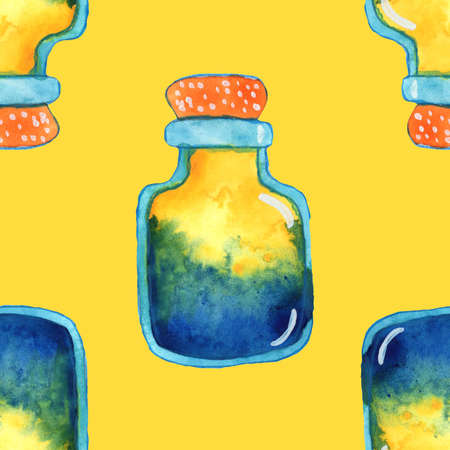 yellow, green and blue isolated magic potion bottle. Yellow background. Hand drawn watercolor alchemy. Occultism and witchcraft drink. Fairy tale elixir chemistry. Aura testing. Halloween decoration.の写真素材