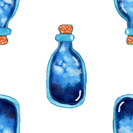 white and blue magic potion bottles seamless pattern. White background. Hand drawn watercolor alchemy. Occultism and witchcraft drinks. Testing aura. Halloween decorative backdrop. Medical equipmentの写真素材