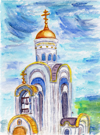 Hand drawn watercolor urban sketch. Historical building. Religious architecture. Russian Orthodox church or cathedral. Culture and religion. Green trees. Blue summer sky. Park or gardenの写真素材