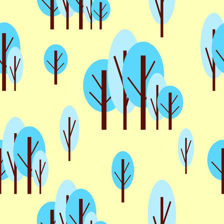 Seamless pattern with winter blue trees. Yellow background. Cartoon flat style. Garden or forest....