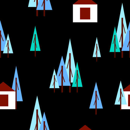 Seamless pattern with winter blue fir trees and white house. Black background. Cartoon flat style. Garden or forest. Merry Christmas.のイラスト素材